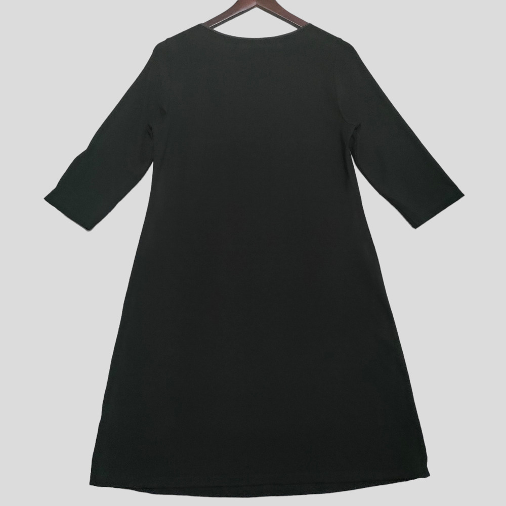 Eileen Fisher Dress Sz Small Viscose Stretch Jersey Knit Ruffle Neck 3/4 Sleeve - Picture 3 of 13